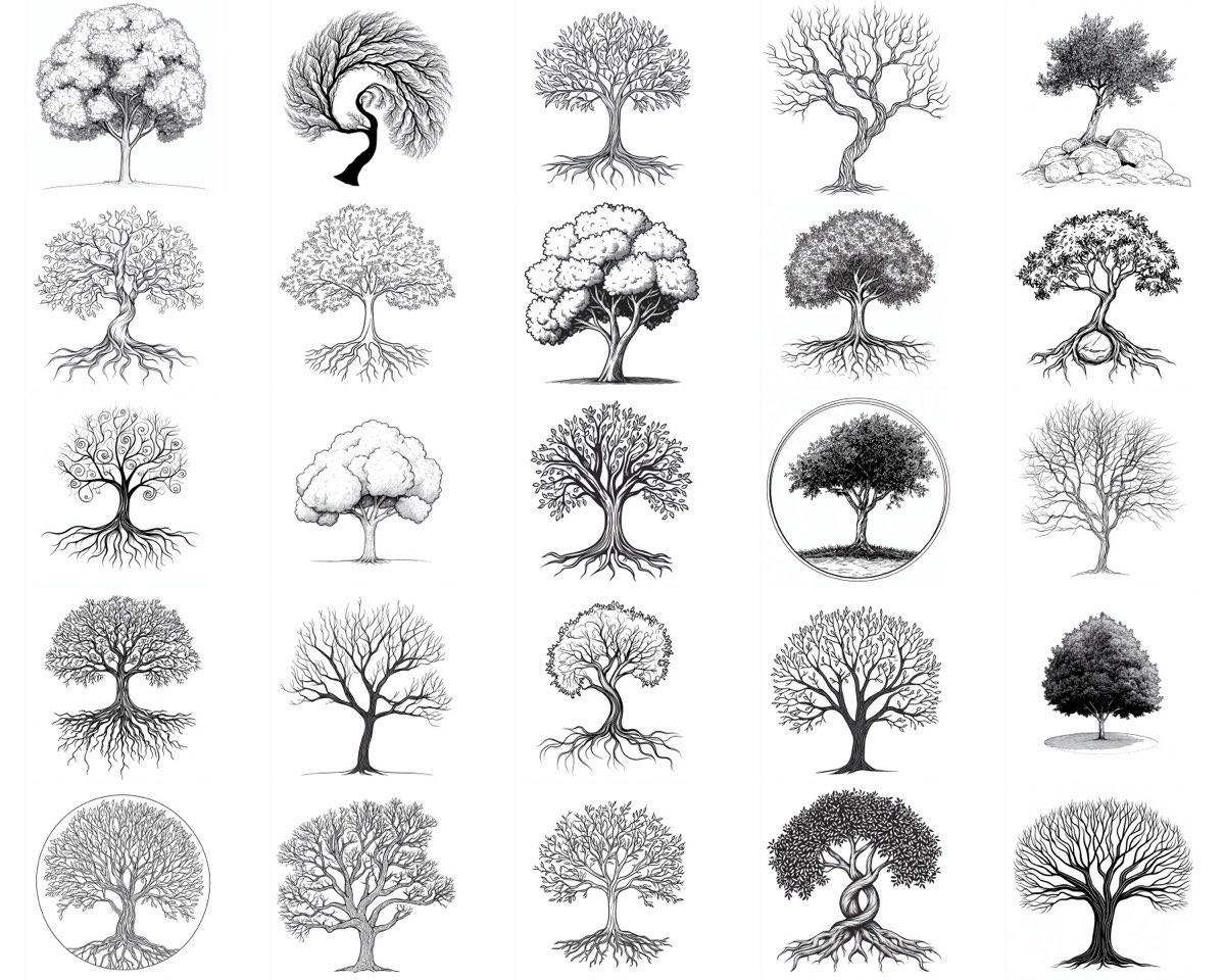 A specimen plate of Tree of Life stamp brushes — twenty-five original ink tree stamps.